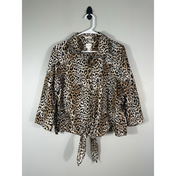 Chico's Tops - Chicos Top Womens 3 XL Animal Print Cotton Blouse No Iron Tie Waist Career